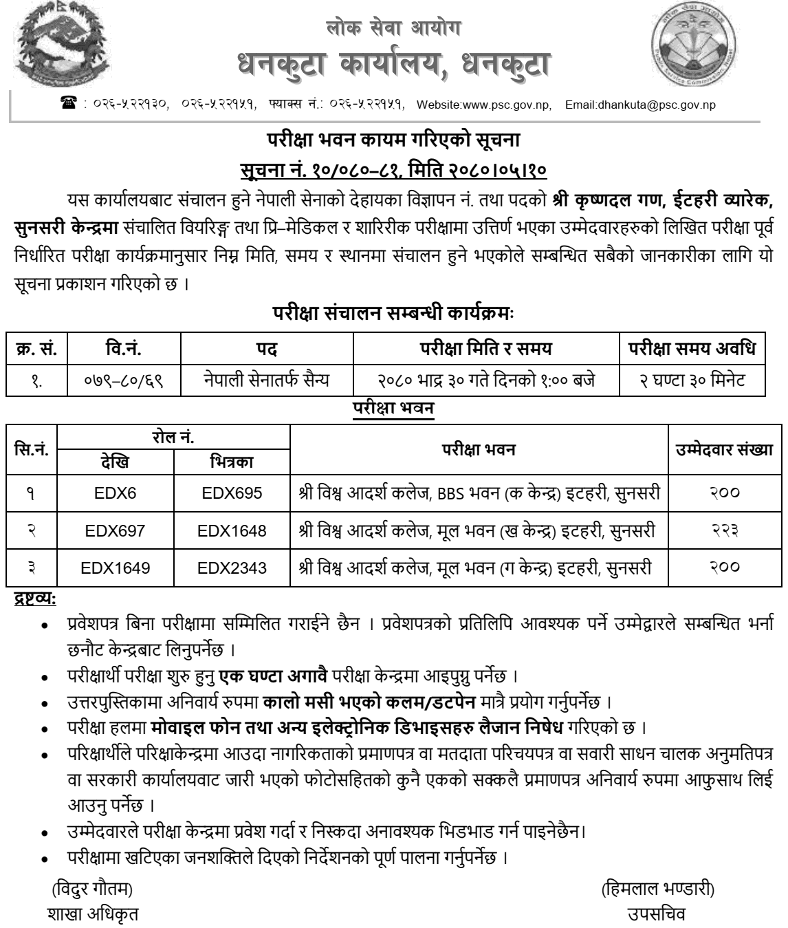 Nepal Army Sainya Post Exam Center, Itahari 2080