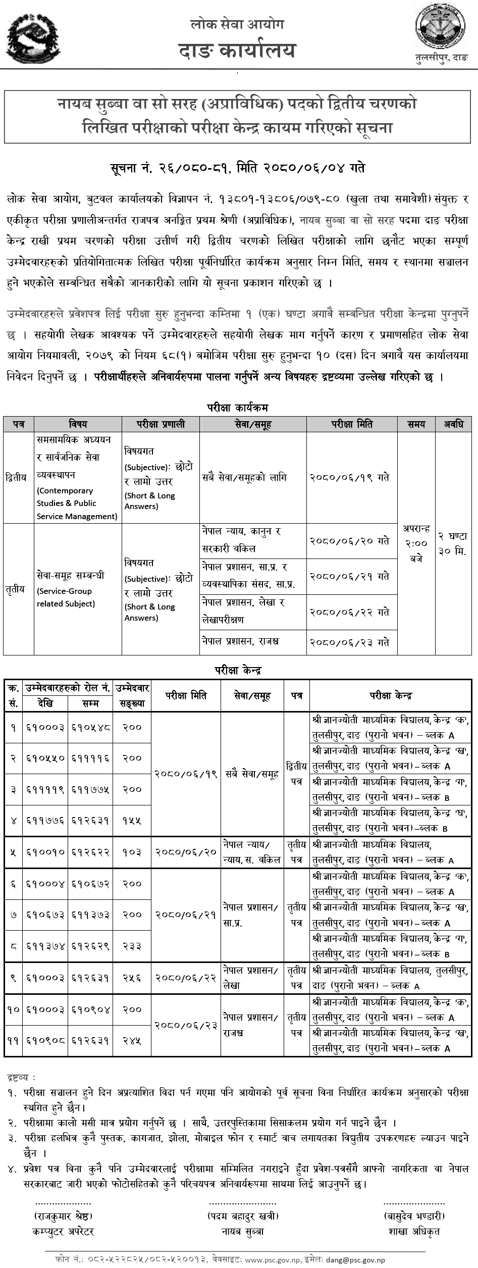 Lok Sewa Aayog Dang Nayab Subba Second Phase Written Exam Center