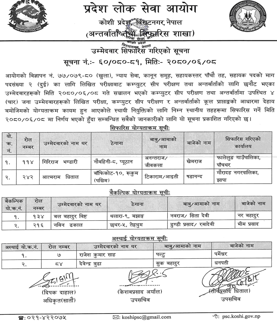 Koshi Pradesh Lok Sewa Aayog Final Result of 5th Level Legal Assistant