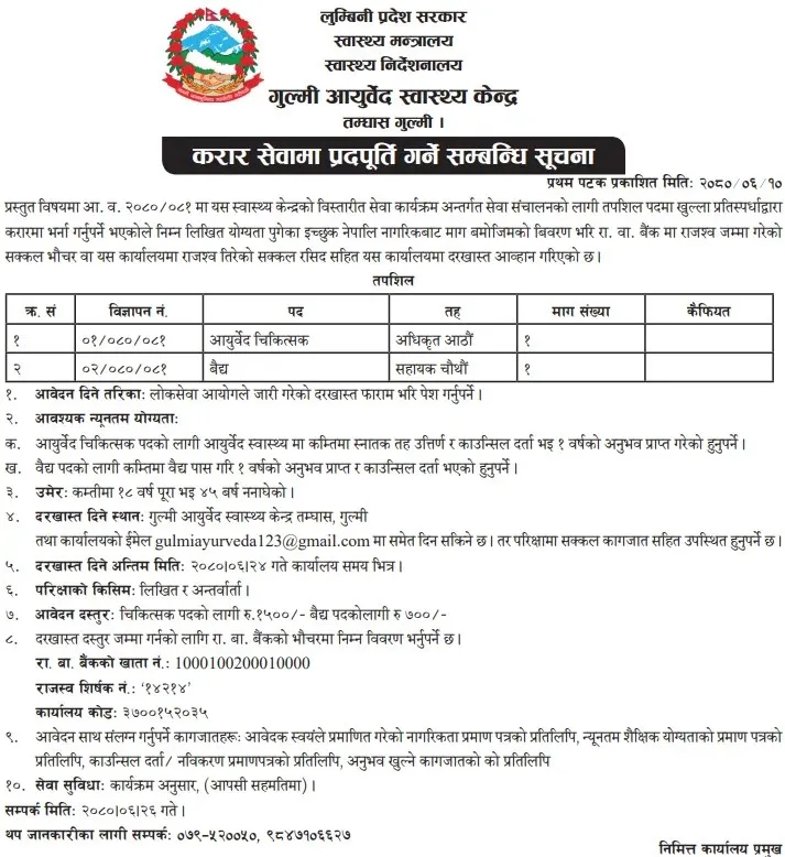 Gulmi Ayurveda Health Center Job Vacancy for Vaidya, Ayurveda Doctor