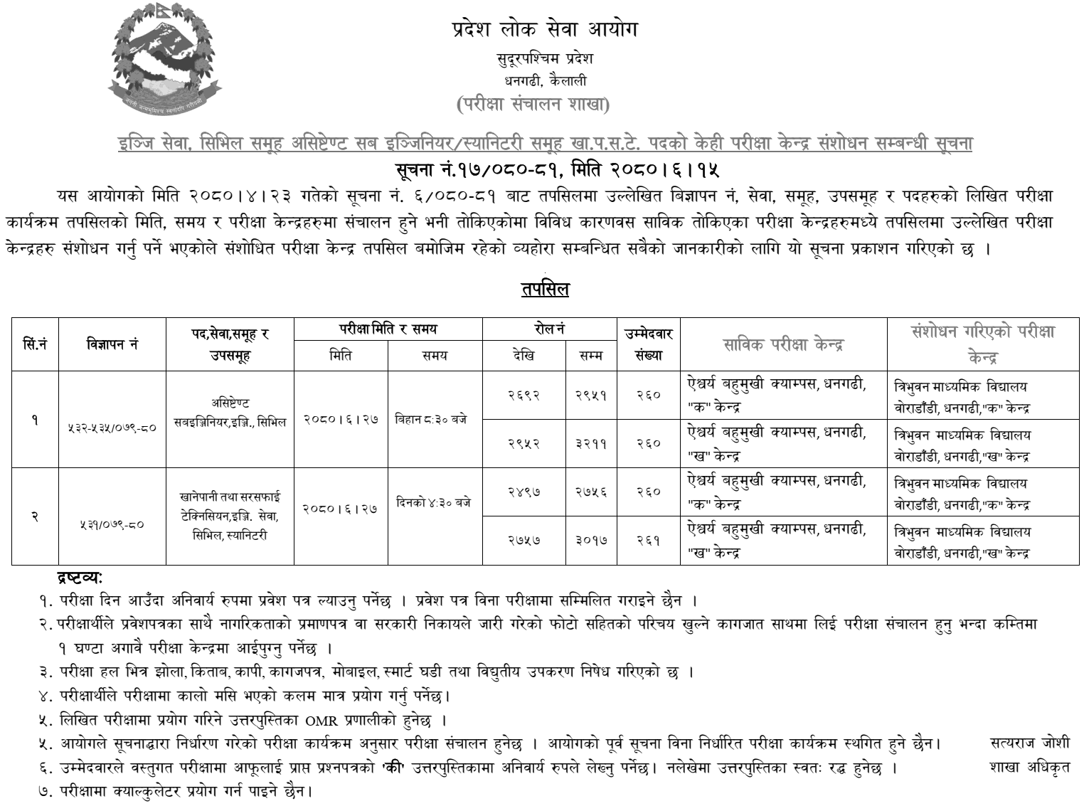 Sudurpashchim Pradesh Lok Sewa Aayog Revised Exam Center of Assistant Sub Engineer