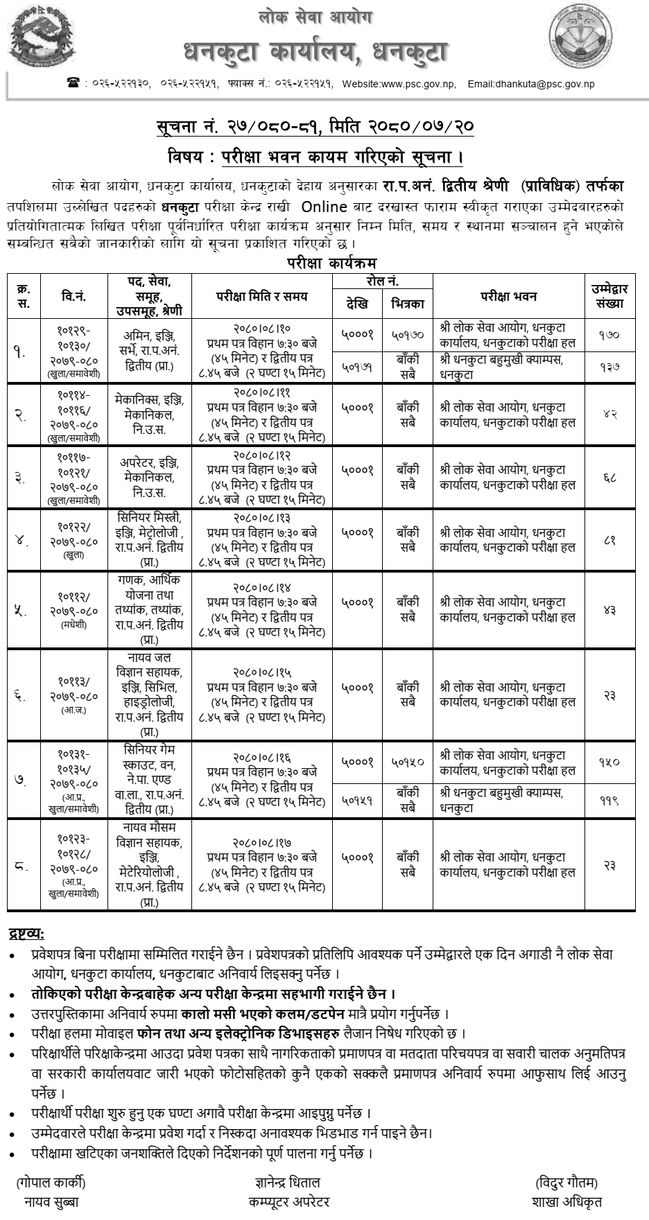 Lok Sewa Aayog Dhankuta Prabidhik Kharidar Exam Schedule and Exam Center