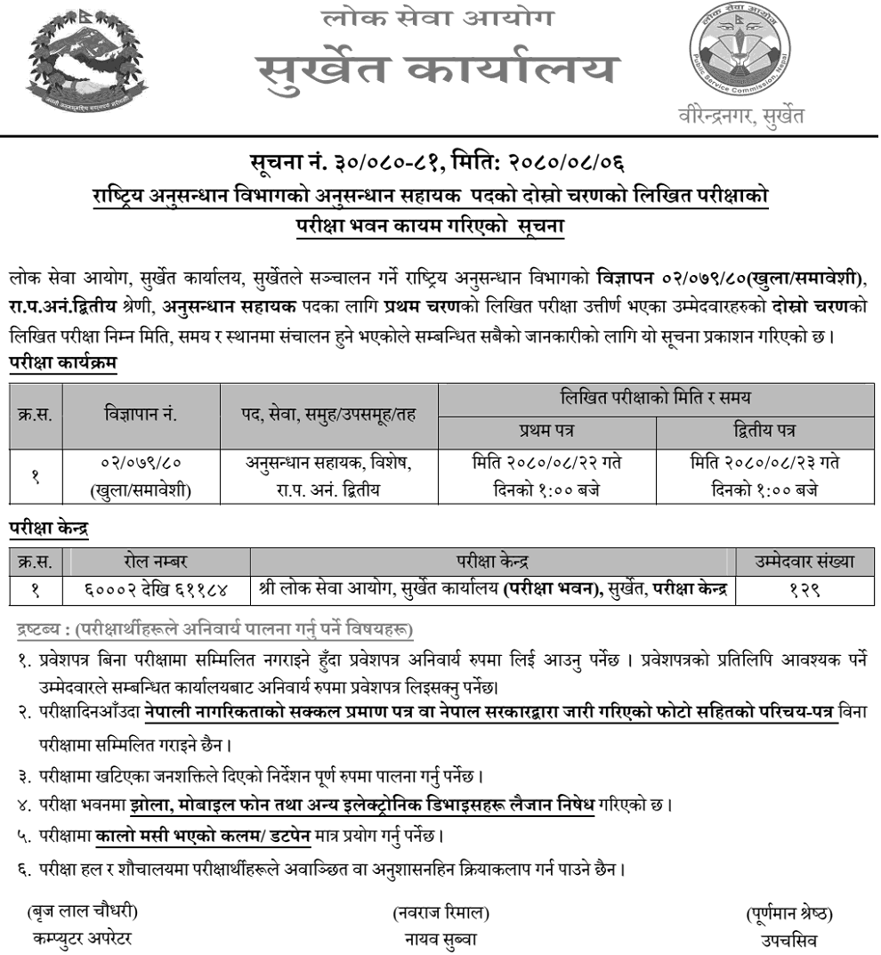 Rastriya Anusandhan Bibhag Anusandhan Sahayak 2nd Phase Written Exam Center Surkhet