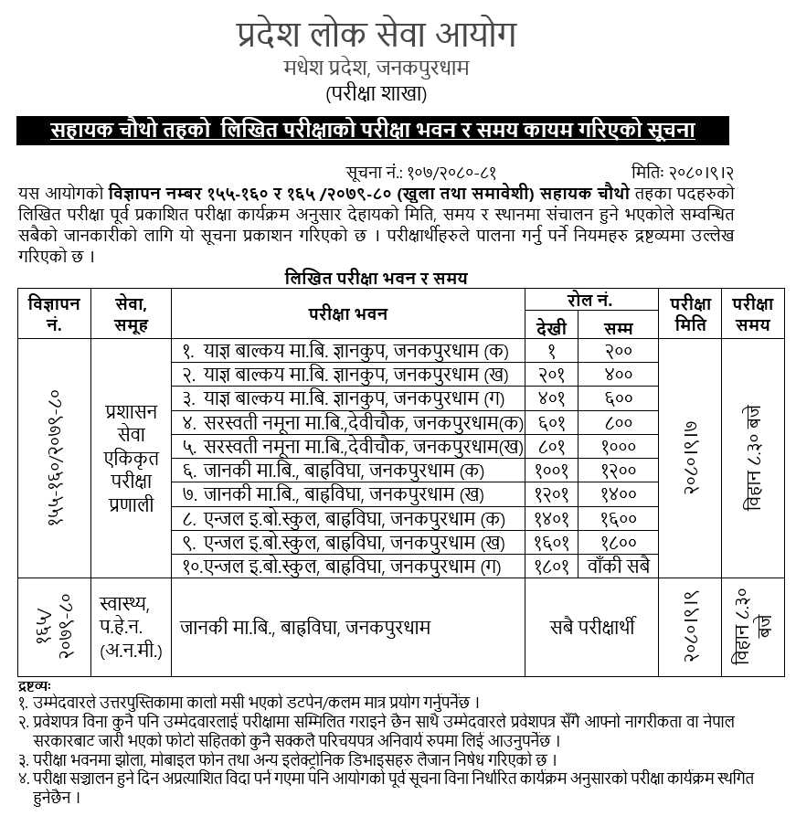 Madhesh Pradesh Lok Sewa Aayog Exam Center of 4th Level Admin and ANM