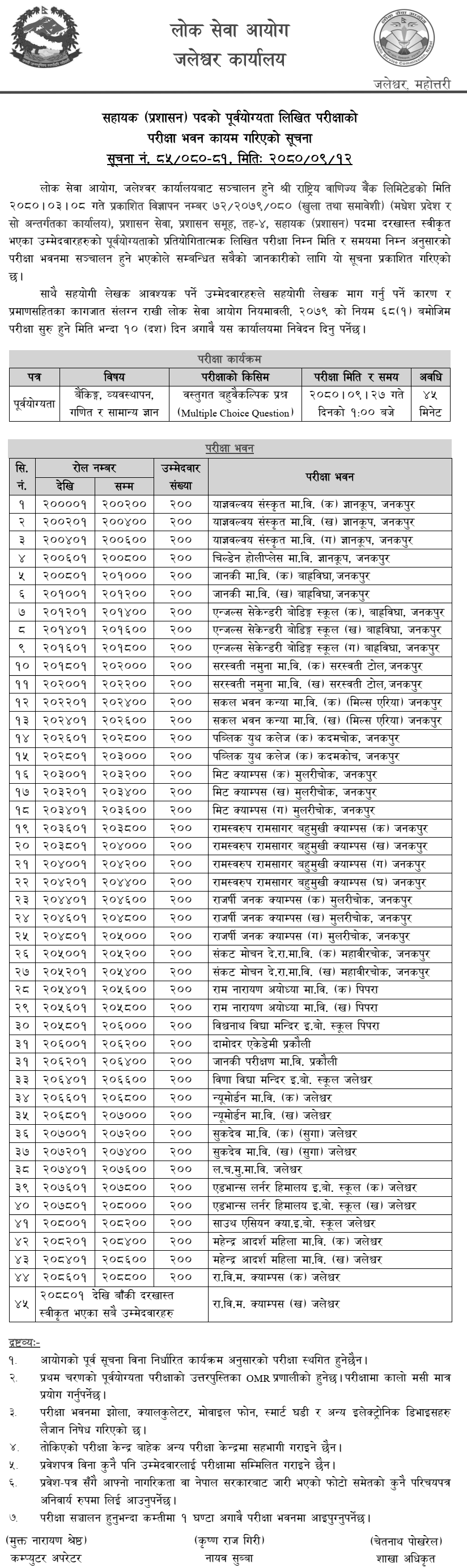 Rastriya Banijya Bank Limited Assistant (Administration) Exam Center Jaleshwor