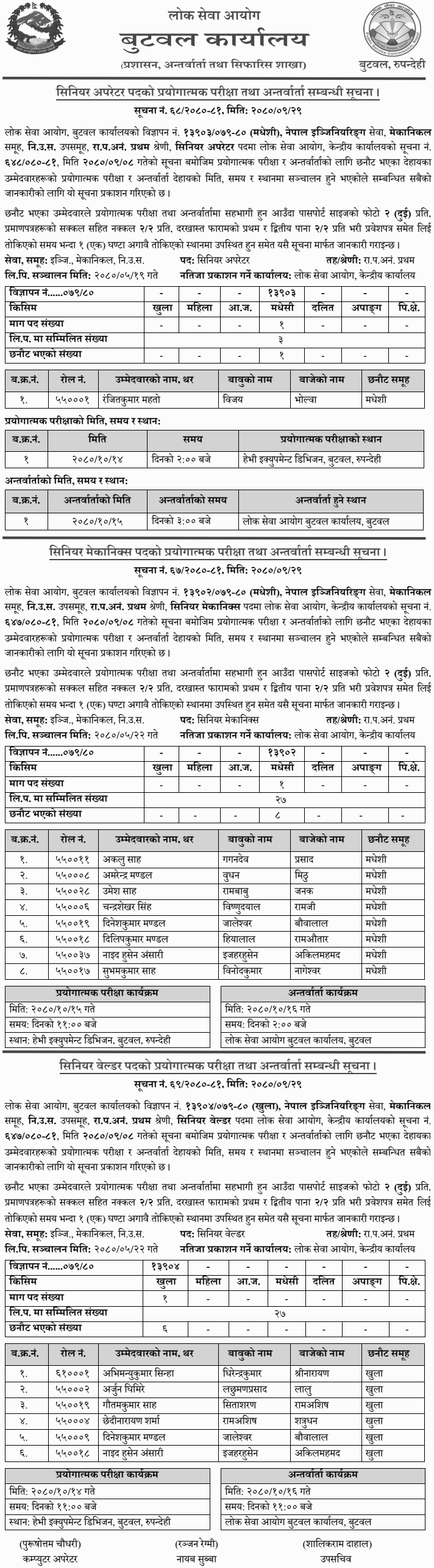 Lok Sewa Aayog Butwal Interview Schedule of Senior (Operator, Weldor and Mechanics) Posts