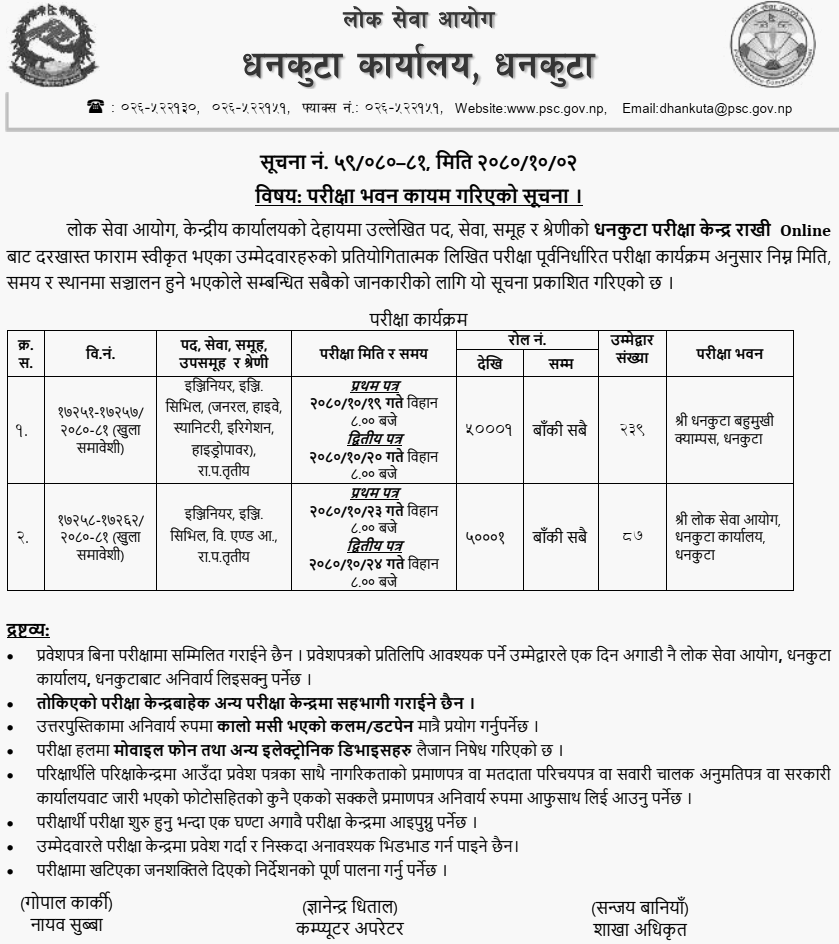 Lok Sewa Aayog Dhankuta Written Exam Center of Engineer Post