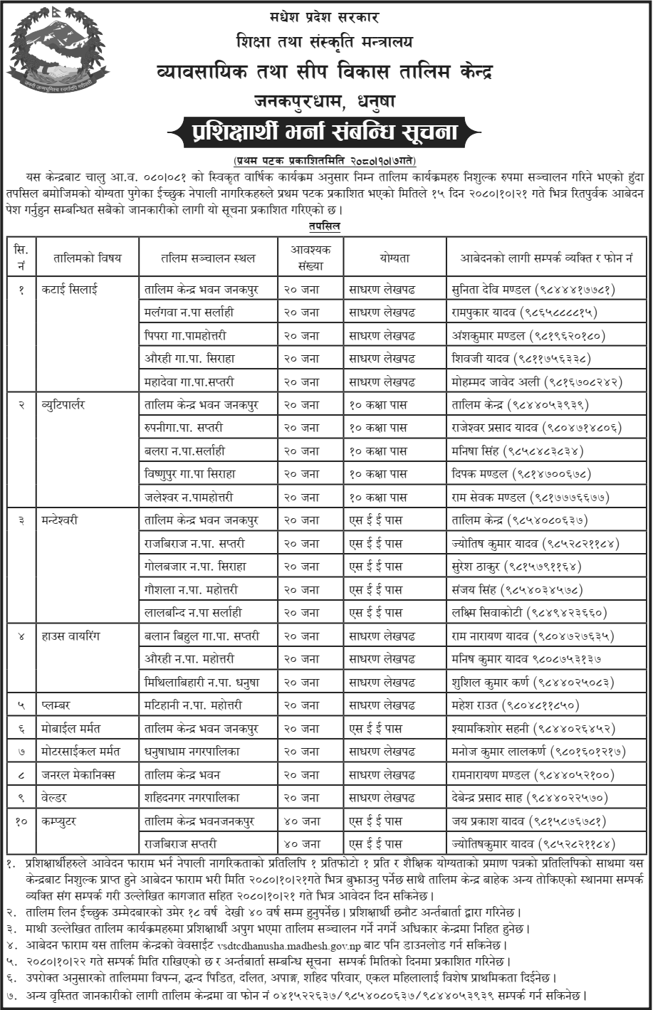 Free Vocational Training Programs 2080 in Madhesh Pradesh