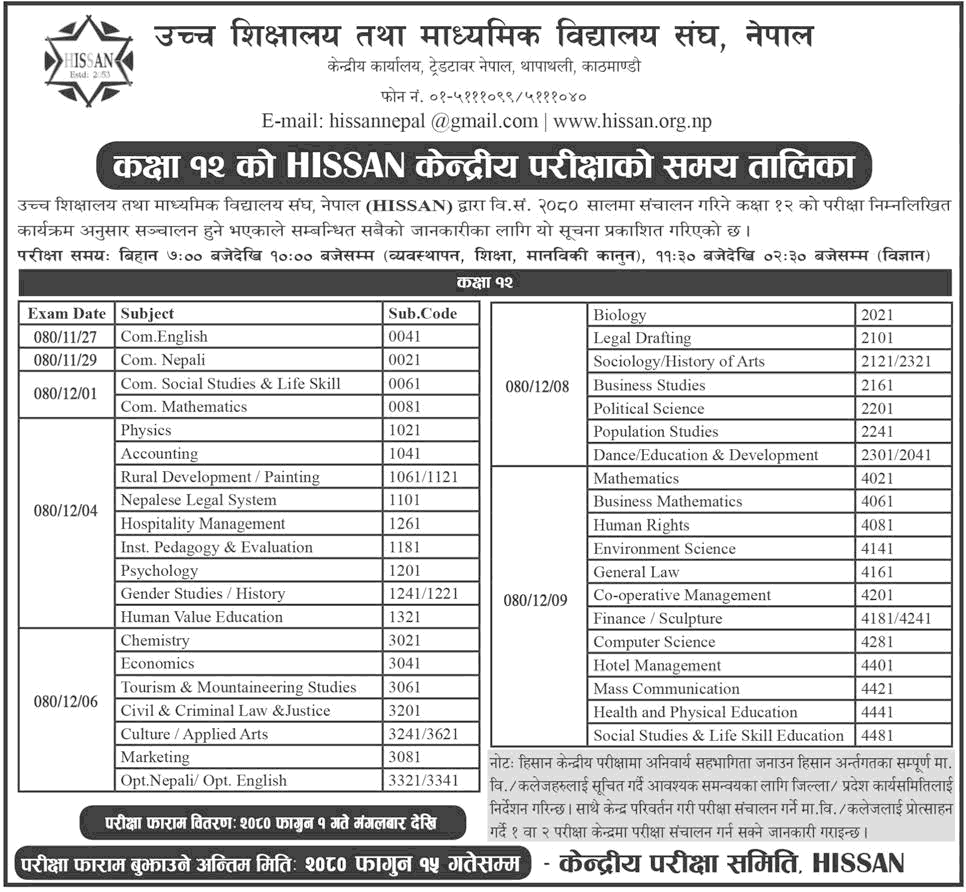 HISSAN Class 12 Examination Schedule 2080