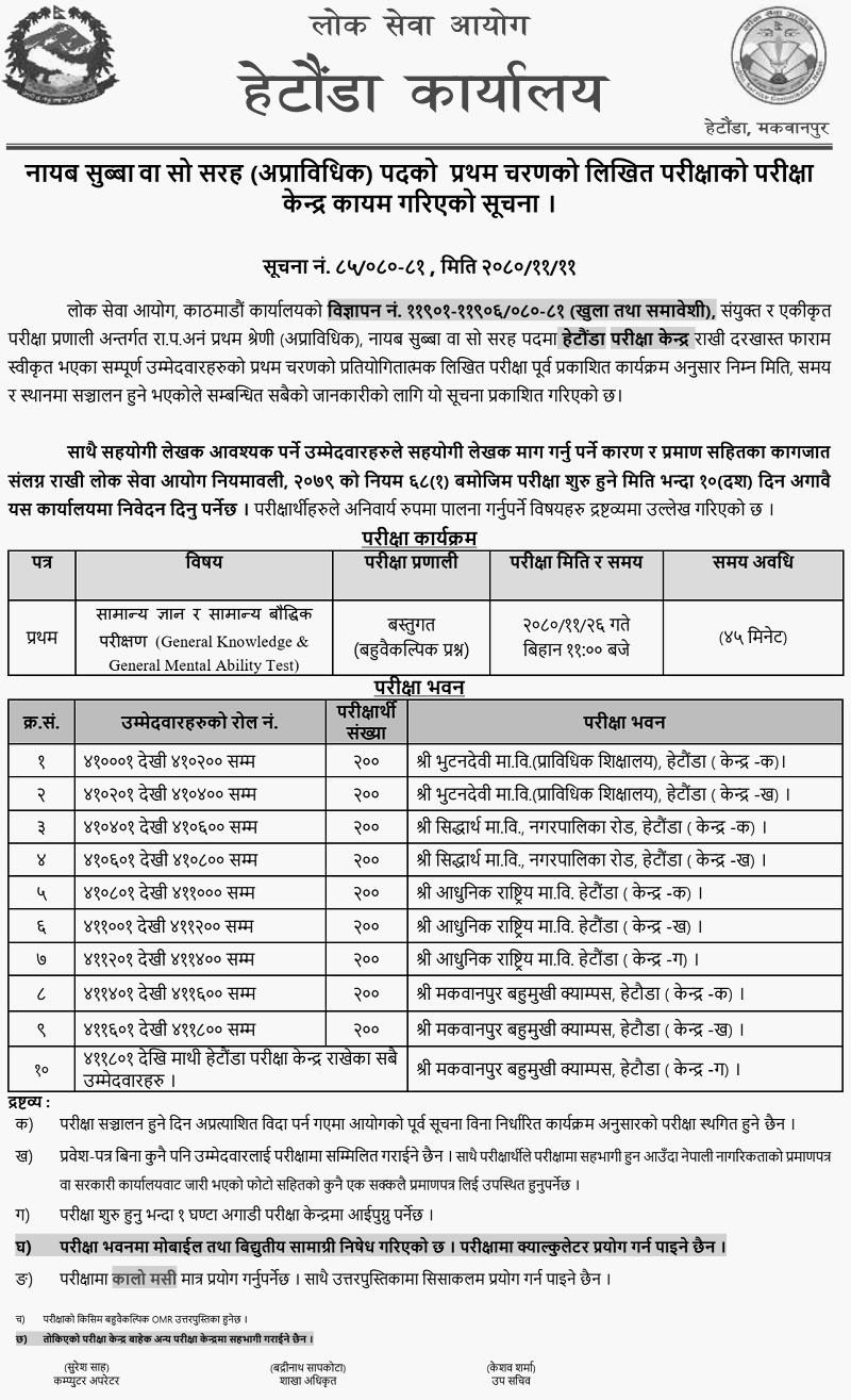Lok Sewa Aayog Hetauda First Phase Written Exam Center of Nayab
