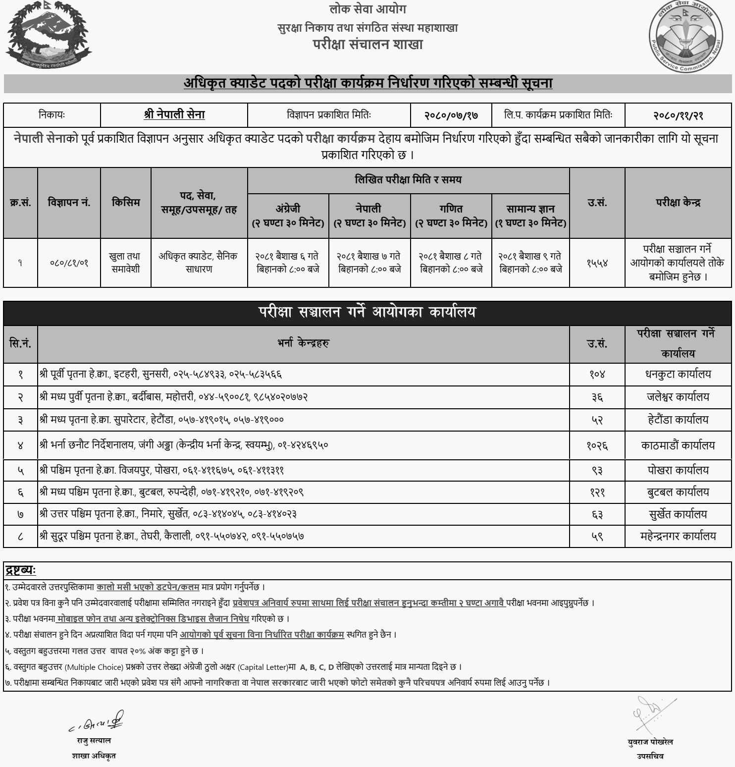 Nepal Army Officer Cadet Written Exam Routine and Exam Center 2080