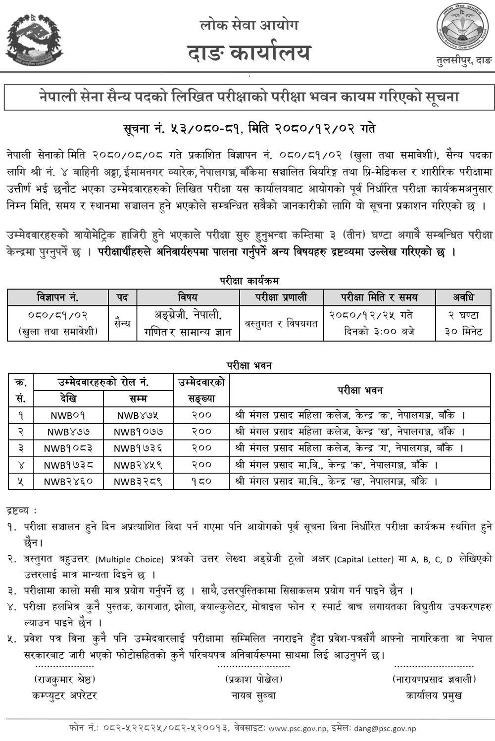 Nepal Army Sainya Post Written Exam Center Nepalgunj 2080