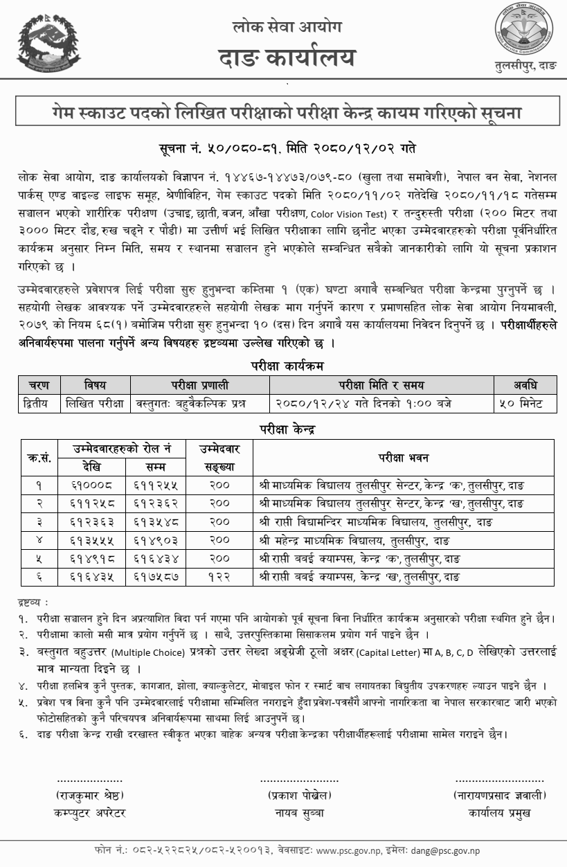 Lok Sewa Aayog Dang Game Scout Exam Center for Written Exam