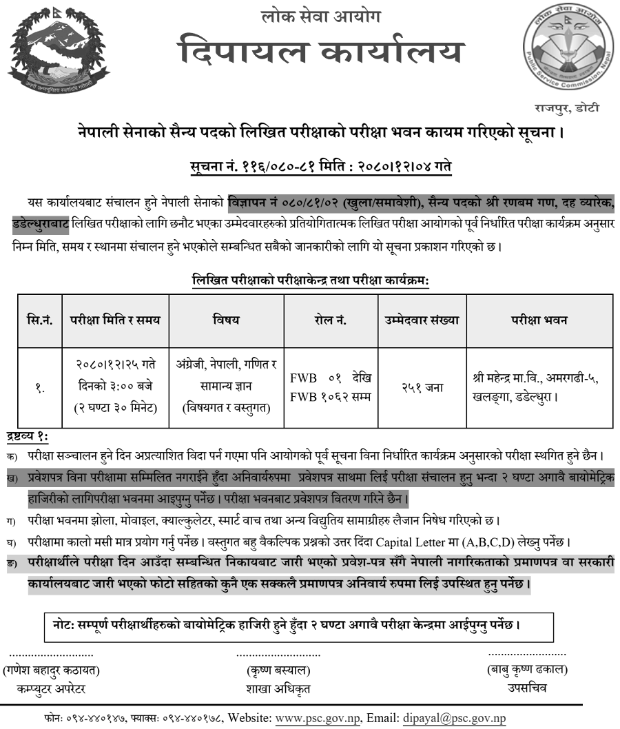 Nepal Army Sainya Post Written Exam Center Dadeldhura 2080