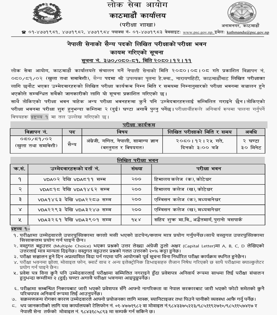 Nepal Army Sainya Post Written Exam Center Butwal 2080