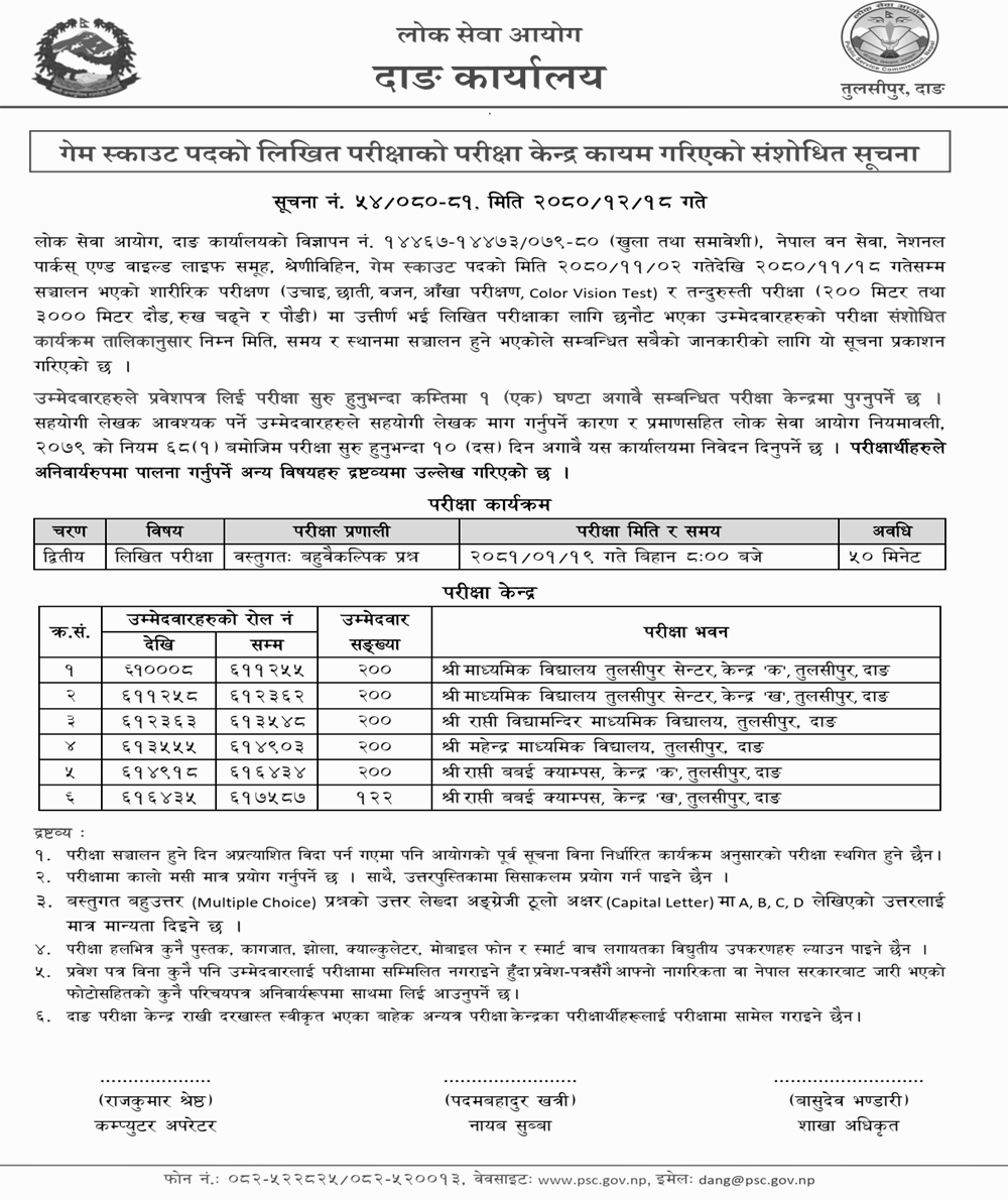 Lok Sewa Aayog Dang Revised Exam Center for Game Scout Second Phase Exam