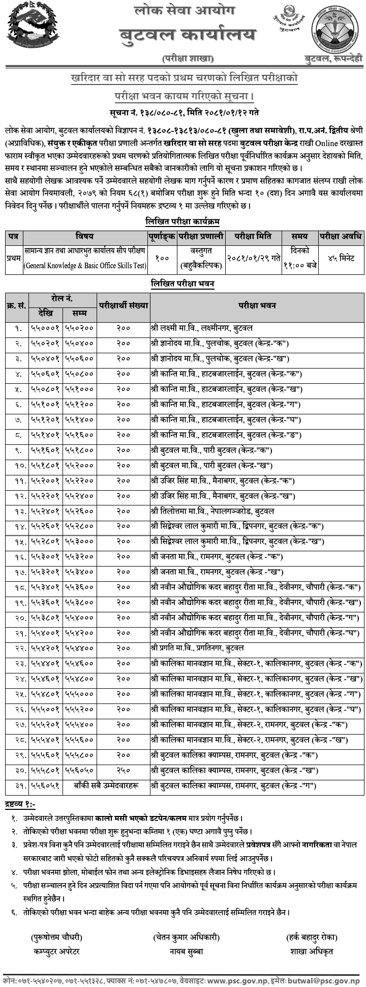 Lok Sewa Aayog Butwal Kharidar Post First Phase Written Exam Center