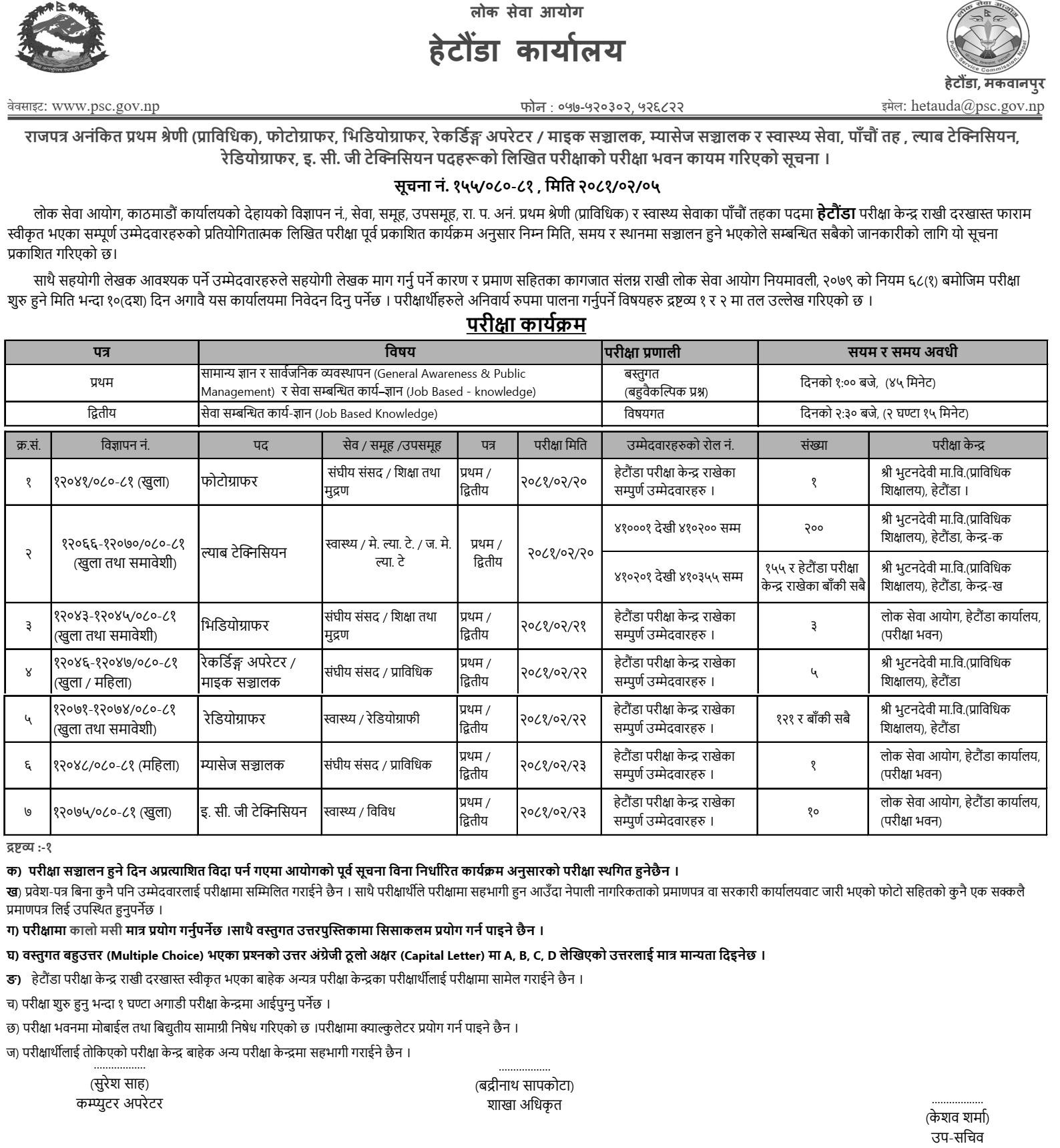 Lok Sewa Aayog Hetauda Written Exam Center for Various Technical Assistant