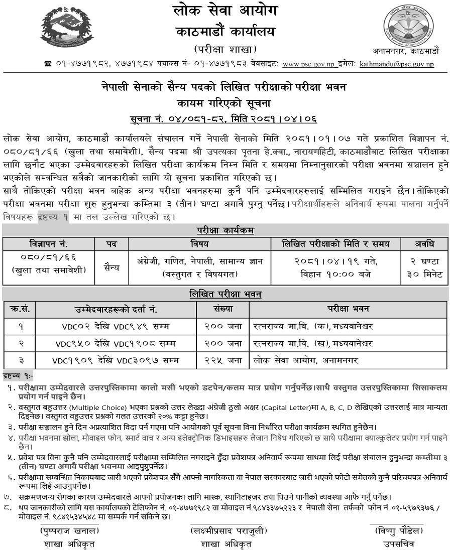 Nepal Army Sainya Post Written Exam Center Kathmandu 2081 Shrawan